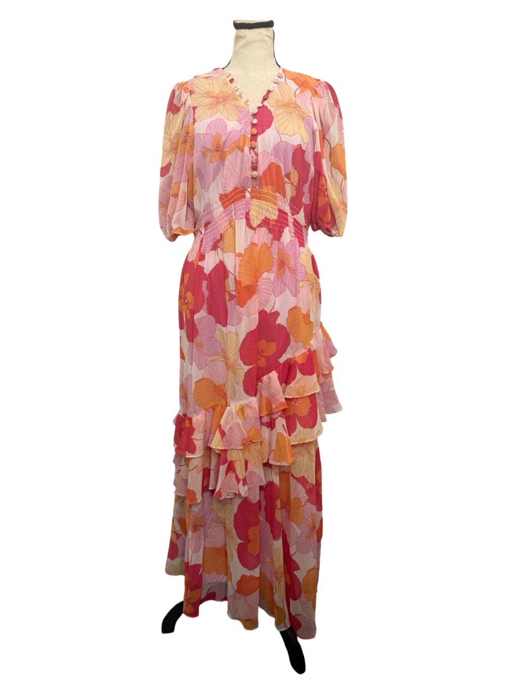 NWT Taylor Floral Maxi Dress | Pink Orange Ruffle Tiered Smocked Waist | 14